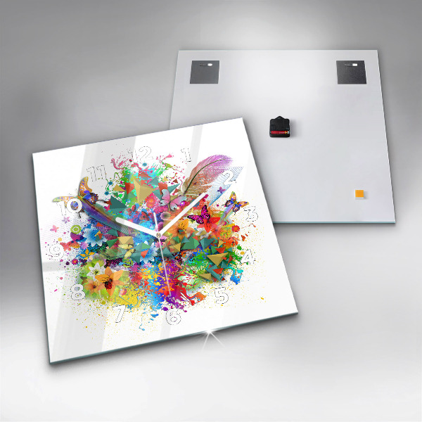 Skleněné hodiny čtvercové Květinová harmonie s motýly