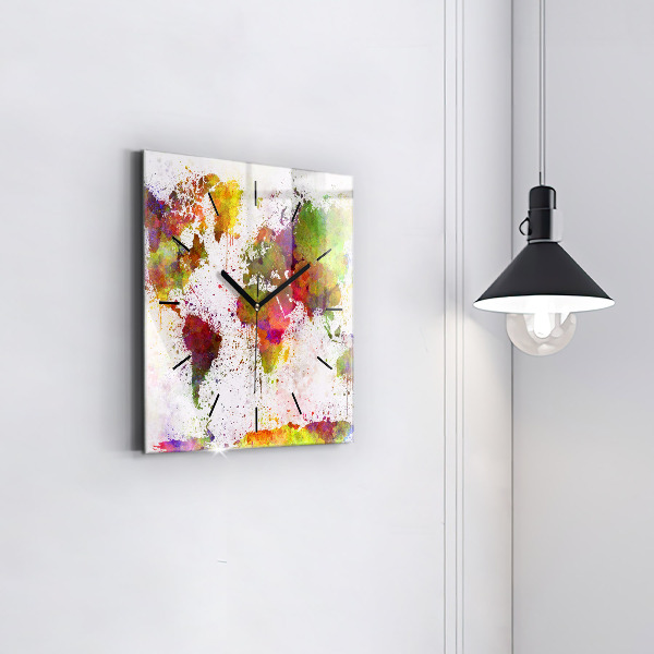 Skleněné hodiny čtvercové Akvarelová mapa světa