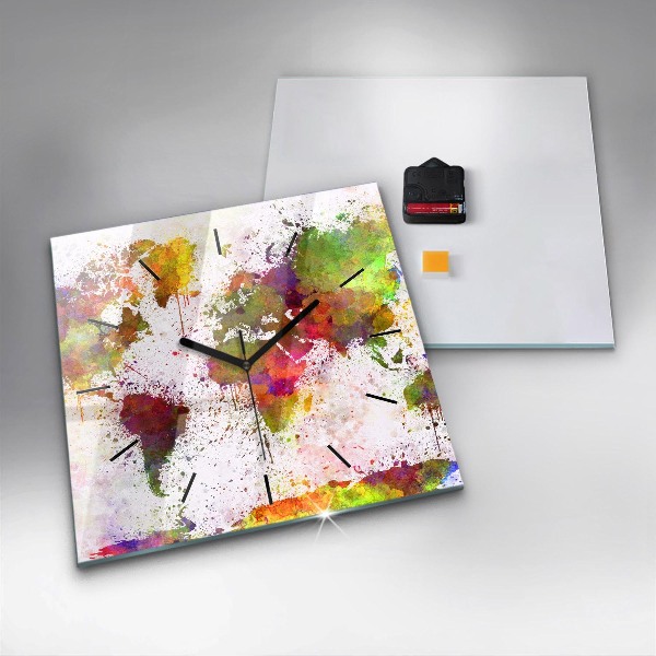 Skleněné hodiny čtvercové Akvarelová mapa světa