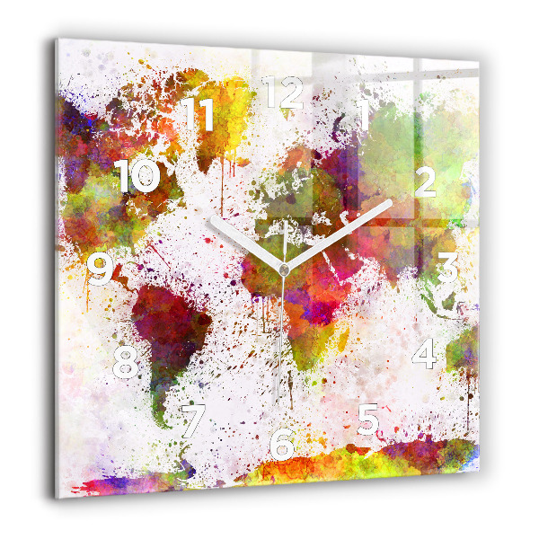 Skleněné hodiny čtvercové Akvarelová mapa světa
