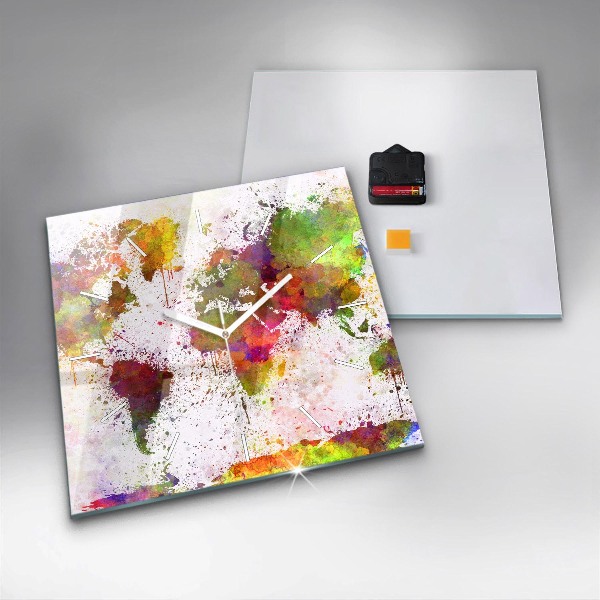 Skleněné hodiny čtvercové Akvarelová mapa světa