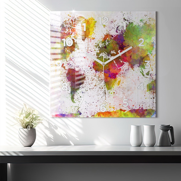 Skleněné hodiny čtvercové Akvarelová mapa světa