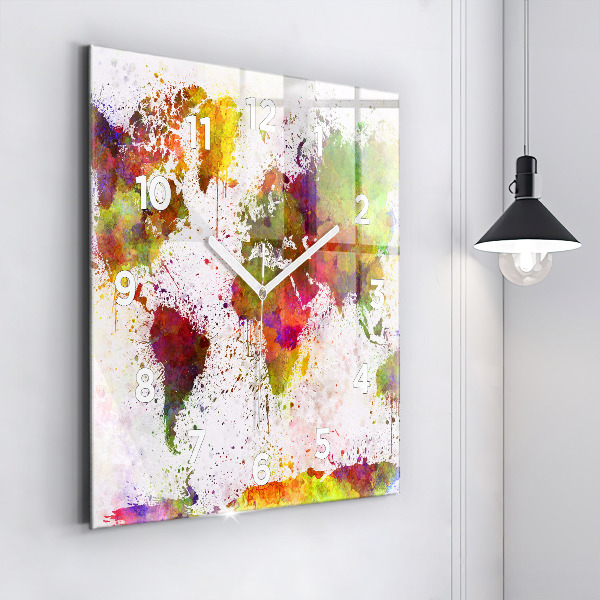 Skleněné hodiny čtvercové Akvarelová mapa světa