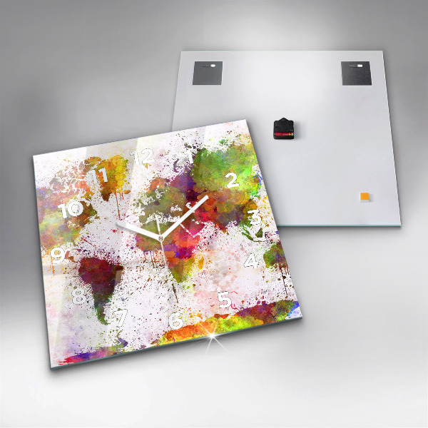 Skleněné hodiny čtvercové Akvarelová mapa světa