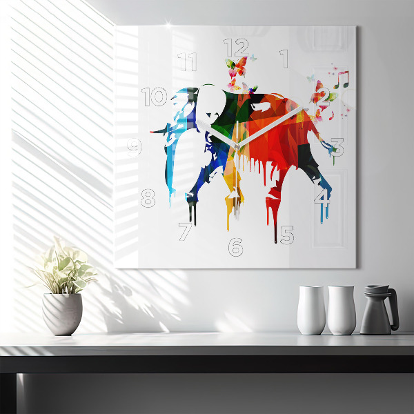 Skleněné hodiny čtvercové Barevný malovaný slon