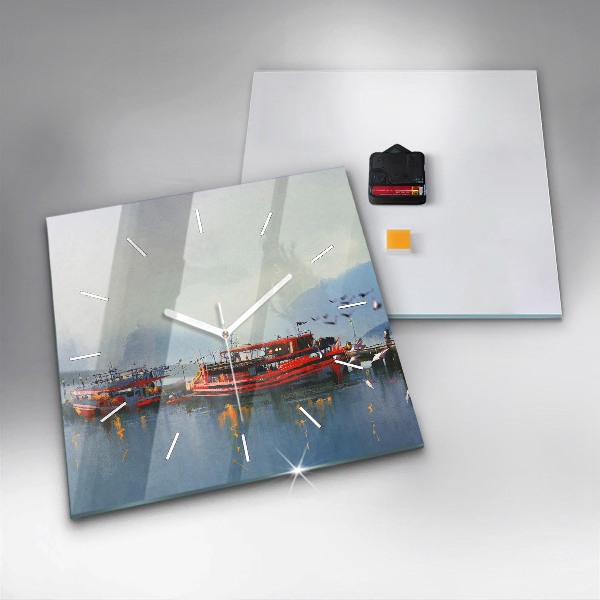 Skleněné hodiny čtvercové Rybářská loď v přístavu
