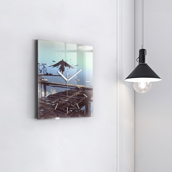 Skleněné hodiny čtvercové Anděl, most a kolo