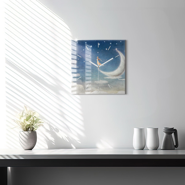 Skleněné hodiny čtvercové Dívka na měsíci