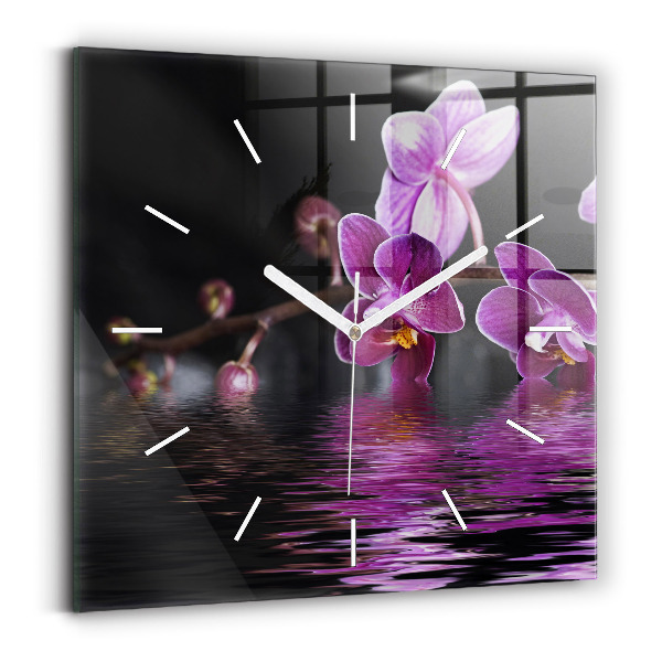 Skleněné hodiny čtvercové Květ orchideje na vodě