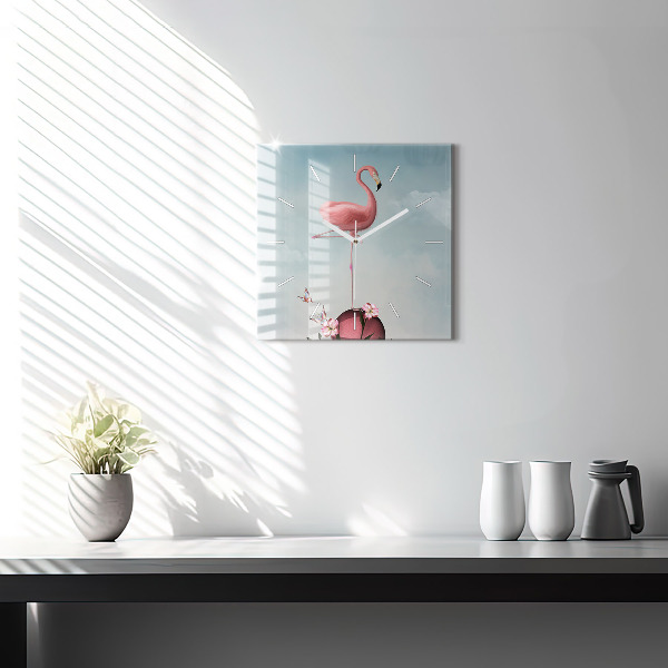 Čtvercové nástěnné hodiny Surrealistický plameňák