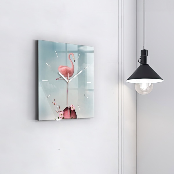 Čtvercové nástěnné hodiny Surrealistický plameňák