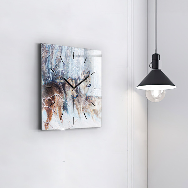 Čtvercové nástěnné hodiny Vlci v lese