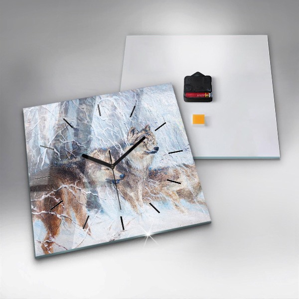 Čtvercové nástěnné hodiny Vlci v lese