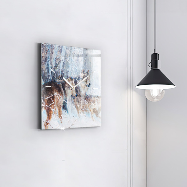 Čtvercové nástěnné hodiny Vlci v lese