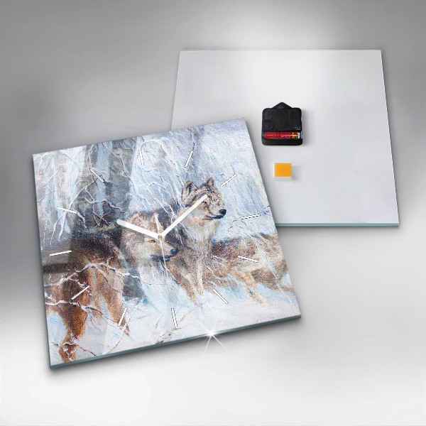 Čtvercové nástěnné hodiny Vlci v lese