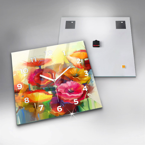 Čtvercové nástěnné hodiny Barevné máky