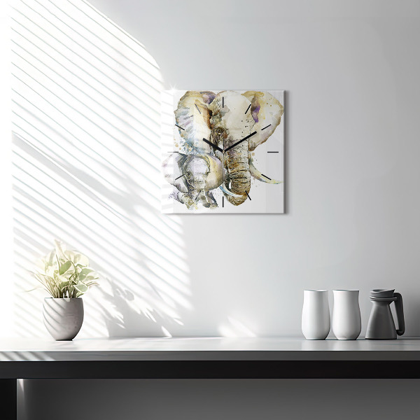 Čtvercové nástěnné hodiny Malovaná zvířata sloni