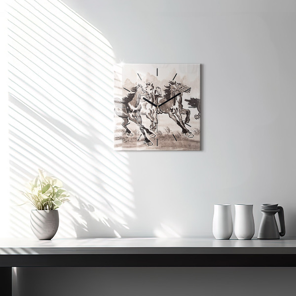 Čtvercové nástěnné hodiny Cválající koně