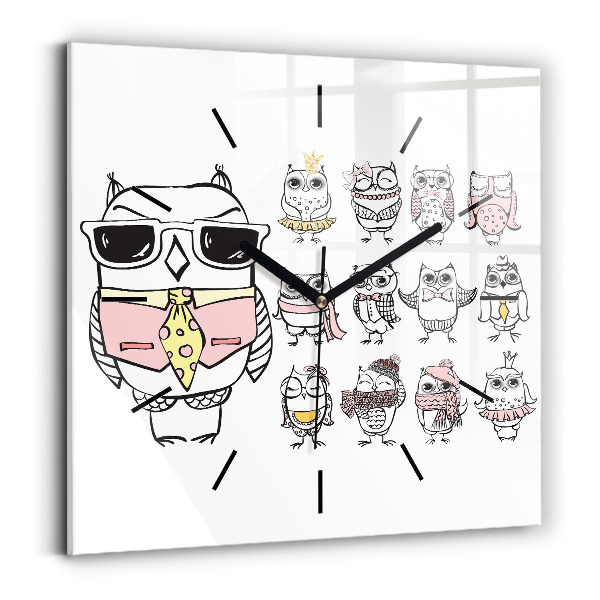 Čtvercové nástěnné hodiny Vintage plakát se sovami
