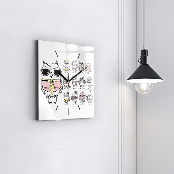 Čtvercové nástěnné hodiny Vintage plakát se sovami