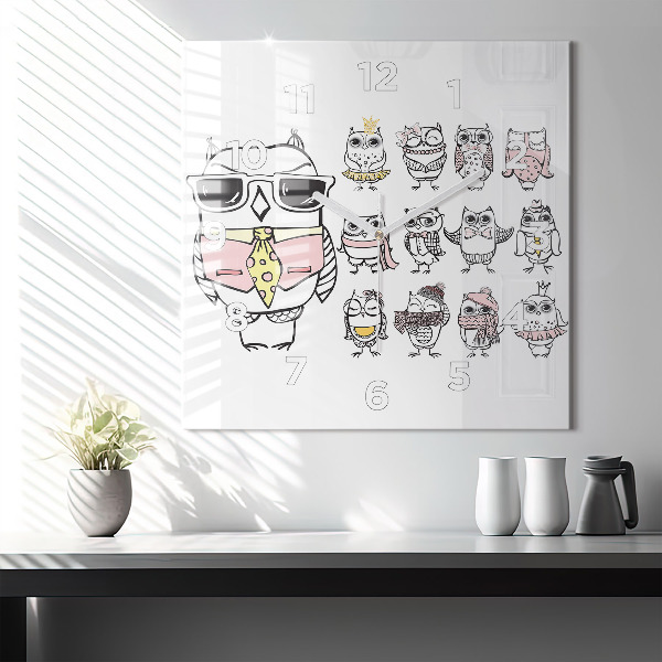 Čtvercové nástěnné hodiny Vintage plakát se sovami