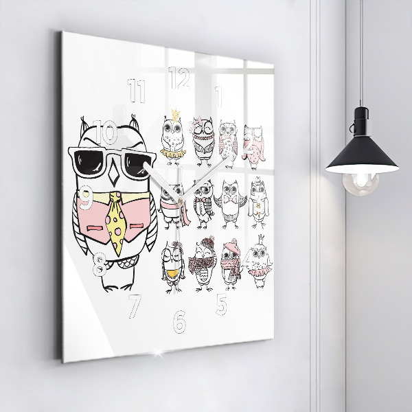 Čtvercové nástěnné hodiny Vintage plakát se sovami
