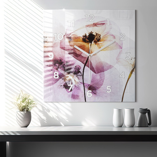 Čtvercové nástěnné hodiny Suché květy máku