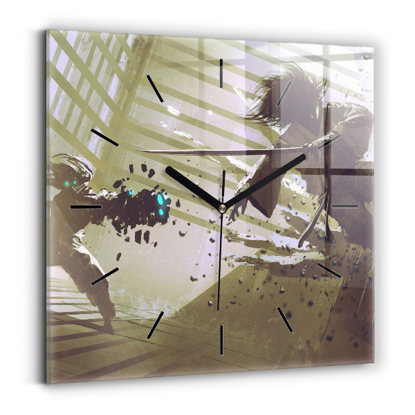 Čtvercové nástěnné hodiny Boj mezi robotem a samurajem