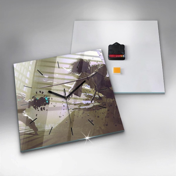 Čtvercové nástěnné hodiny Boj mezi robotem a samurajem