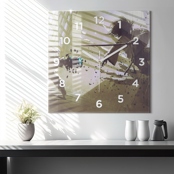 Čtvercové nástěnné hodiny Boj mezi robotem a samurajem