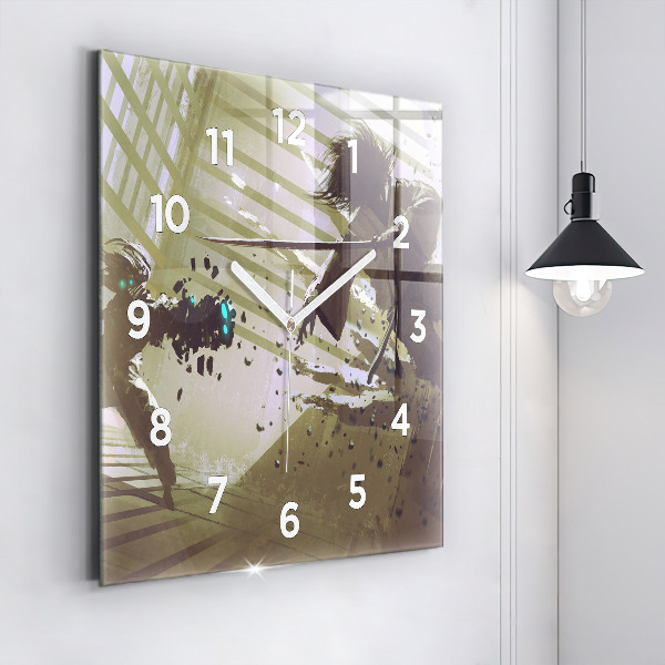 Čtvercové nástěnné hodiny Boj mezi robotem a samurajem