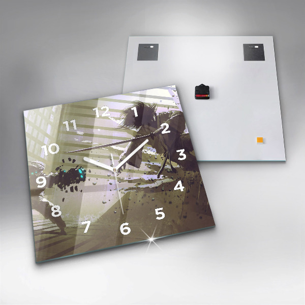 Čtvercové nástěnné hodiny Boj mezi robotem a samurajem