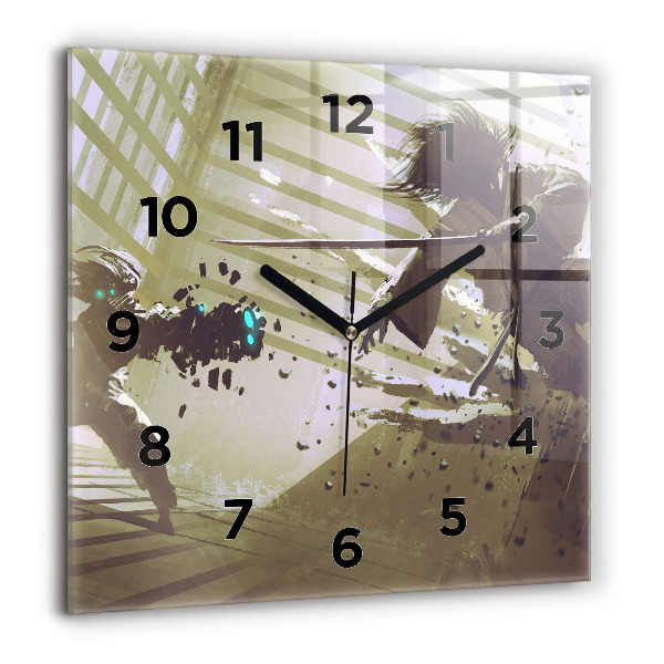 Čtvercové nástěnné hodiny Boj mezi robotem a samurajem