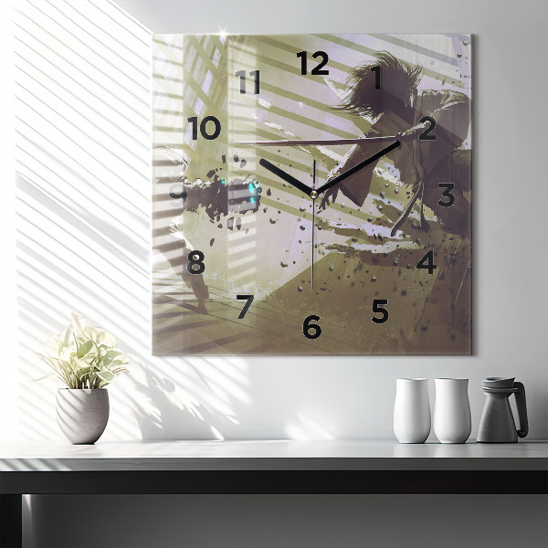 Čtvercové nástěnné hodiny Boj mezi robotem a samurajem