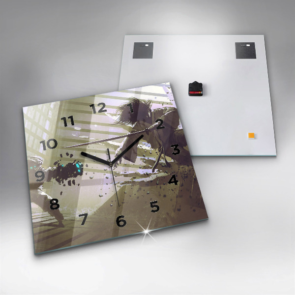 Čtvercové nástěnné hodiny Boj mezi robotem a samurajem