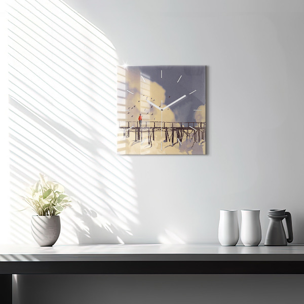 Čtvercové nástěnné hodiny Muž na starém mostě