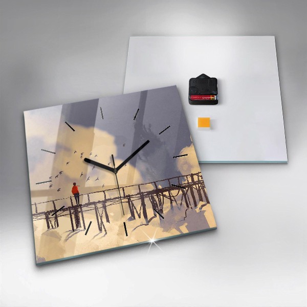 Čtvercové nástěnné hodiny Muž na starém mostě