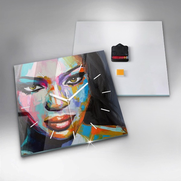 Čtvercové nástěnné hodiny Barevná tvář ženy