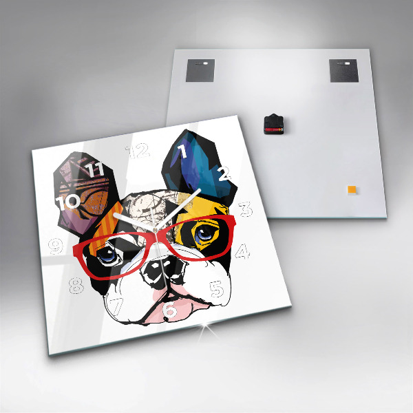 Čtvercové nástěnné hodiny Francouzský buldok s brýlemi
