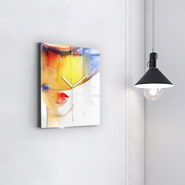 Čtvercové nástěnné hodiny Žena v klobouku