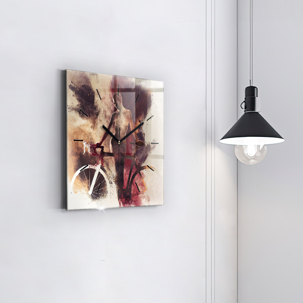 Čtvercové nástěnné hodiny Žena a jízdní kolo