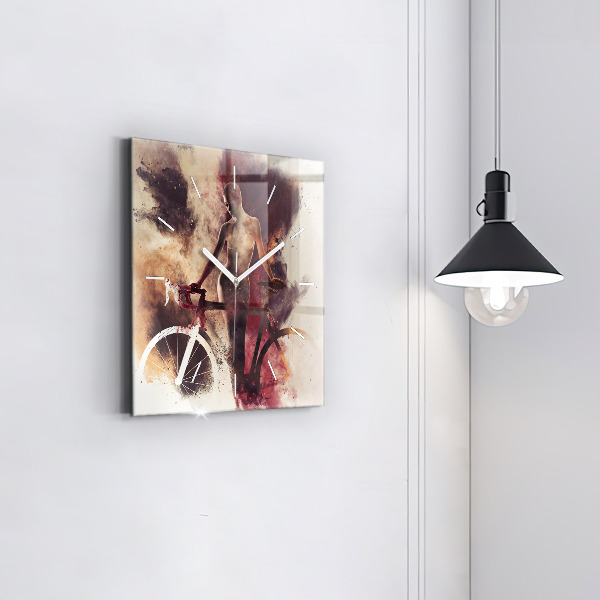 Čtvercové nástěnné hodiny Žena a jízdní kolo