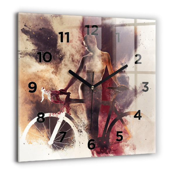 Čtvercové nástěnné hodiny Žena a jízdní kolo