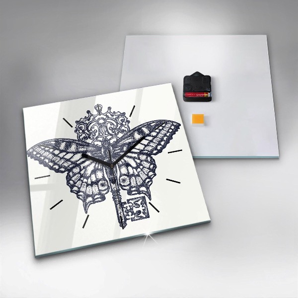 Čtvercové nástěnné hodiny Motýl a klíč - boho styl