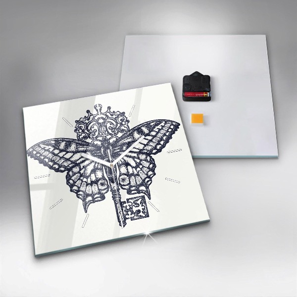 Čtvercové nástěnné hodiny Motýl a klíč - boho styl