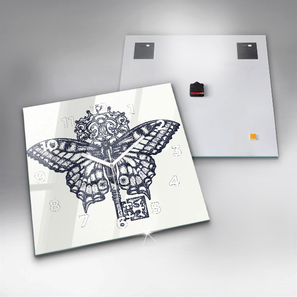 Čtvercové nástěnné hodiny Motýl a klíč - boho styl