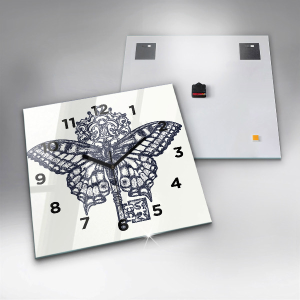 Čtvercové nástěnné hodiny Motýl a klíč - boho styl