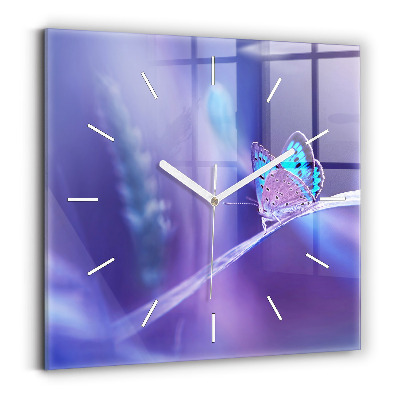 Čtvercové nástěnné hodiny Motýl na trávě