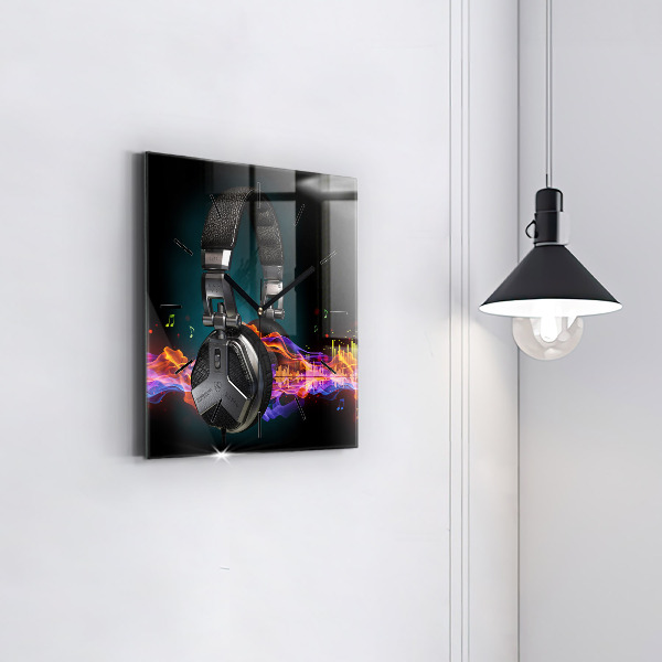 Skleněné hodiny čtvercové Sluchátka a zvukové vlny