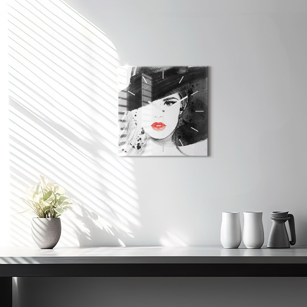 Čtvercové nástěnné hodiny Žena v klobouku